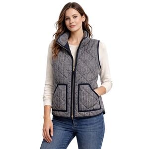 J Crew Quilted‎ Herringbone Puffer Vest Navy Cream Zip Pockets Women's Size 8